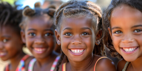 Heartwarming Smiles in the Sunlight: Group of Four African American Girls, Cheerful Childhood Moments..