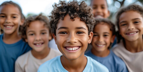 Joyful Multiethnic Children Enjoying Friendship, Group of Smiling Kids Outdoors, Youthful Happiness