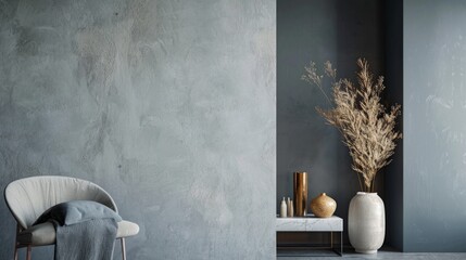 A room with a grey wall and a white chair