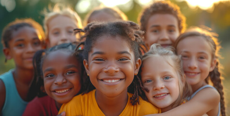Sunset Glow of Friendship: Multiethnic Children's Portrait, Unified Smiles, and Shared Joy