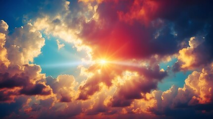 dramatic colorful clouds with sunlight rays background from Generative AI - obrazy, fototapety, plakaty