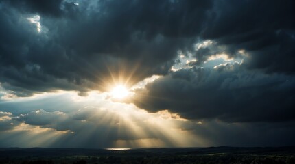 dramatic dark clouds with sunlight rays background from Generative AI