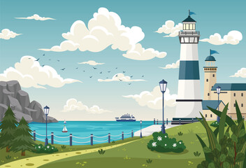 Lighthouse on rock stones island landscape, Mercusuar tower illustration in flat style