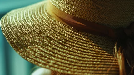 Poster Close up texture of woven straw hat with ribbon © tnihousestudio