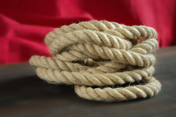 Coil of rope made of hemp or jute, braided texture