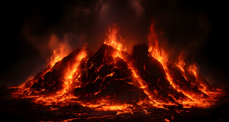 an orange mountain surrounded by fire at night