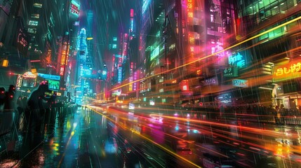 Fototapeta na wymiar Visualize a digital dreamscape where a 3D spectrum of neon colors pulses and flickers, evoking the vibrant energy of a futuristic city at night.