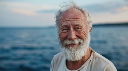 Smiling elderly Caucasian man with a beard enjoying a day by the sea gazing at the camera against the backdrop of the water and horizon