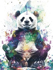 A panda meditating, with chakra symbols floating around, depicted on a white background, blending tranquility with nature, 
