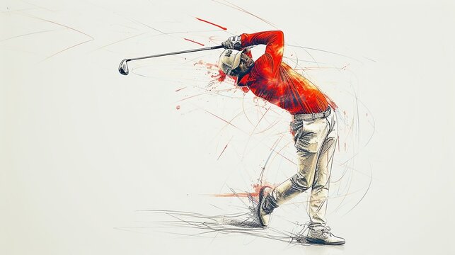Digital painting of a golfer in midswing, the focus and determination etched in every line, set against a minimalist white wall background, 