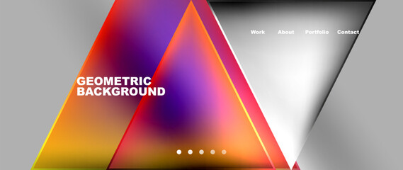 A modern geometric background featuring colorful triangles in shades of purple, magenta, and electric blue on a sleek gray backdrop, reminiscent of a prism refracting light