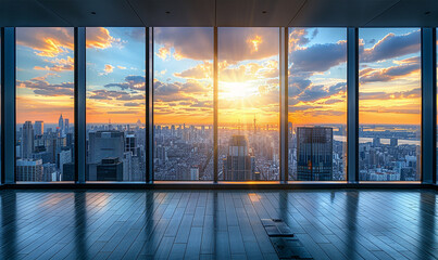 Warm golden light paints a cityscape, viewed from a spacious, empty room