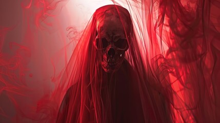 Ghostly figure with a skull silhouette hidden under a red veil