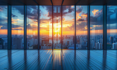 Floor-to-ceiling windows frame a breathtaking sunset over a modern skyline