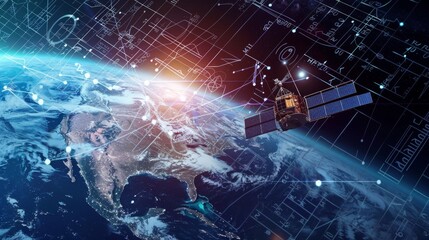 A satellite is seen flying over the Earth in this realistic stock photo. The satellite is orbiting the planet, capturing data and images from space.