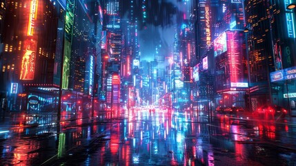 Visualize a digital dreamscape where a 3D spectrum of neon colors pulses and flickers, evoking the vibrant energy of a futuristic city at night.