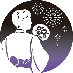 夏　浴衣　男性　シルエット　お祭り　花火　手描き　切絵　影絵　和風　背景　イラスト素材　モノクロ