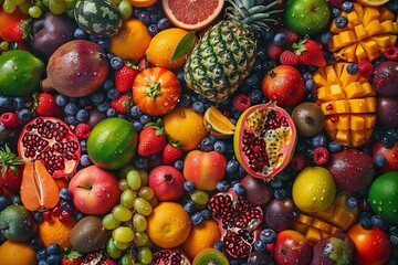 a bunch of different fruits are grouped together