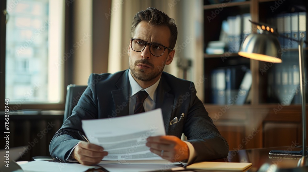 Poster A man in a suit is sitting at a desk with a stack of papers in front of him. He is reading through the papers, possibly reviewing some important documents. Concept of seriousness and focus