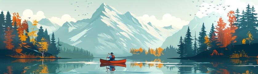 A peaceful illustration of a person canoeing on a calm lake with majestic mountains and autumn trees in the background. - obrazy, fototapety, plakaty