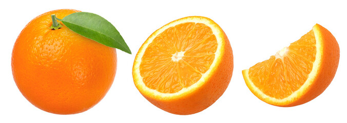Orange fruit with leaves, half and slices isolated, Orange fruit macro studio photo, transparent...