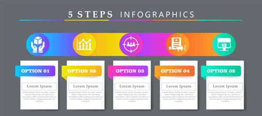 Steps infographics design layout template including icons of product, analysis, target audience, content media and online store. Creative presentation with 5 options concept.