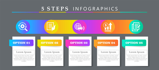 Steps infographics design layout template including icons of research, content, digital marketing, sales and results. Creative presentation with 5 options concept.
