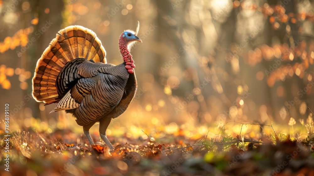 Poster A turkey is standing confidently in the midst of a dense forest, surrounded by tall trees and lush foliage. The bird appears alert and observant, blending seamlessly with its natural habitat.