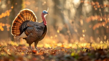 A turkey is standing confidently in the midst of a dense forest, surrounded by tall trees and lush...