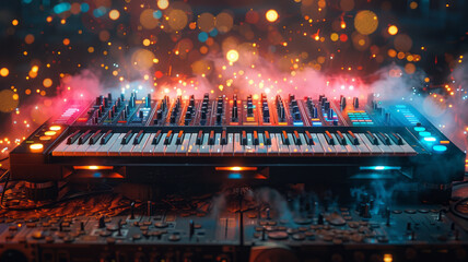 Cartoonish splash of musical instruments, electronic dance stage, vibrant lights, exuding party enthusiasm and technical coolness.generative ai - obrazy, fototapety, plakaty