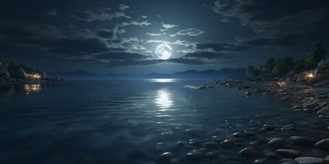 Reflections on calm waters under a full moon