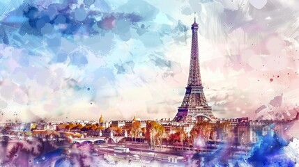 A detailed watercolor painting depicting the iconic Eiffel Tower in Paris, showcasing its intricate iron lattice structure against a backdrop of a clear sky.