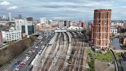 Train leaving Leeds railway station City UK drone,aerial