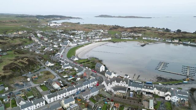 Top Down at Seascape. Aerial City Landscape. Port Ellen, Islay.