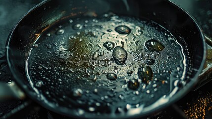 Glistening water droplets in pan