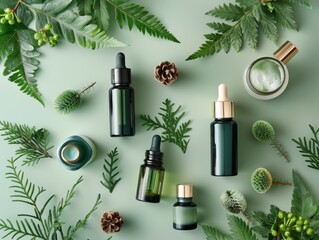 Top view botanical skincare with greenery