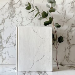 Textured white book upright with eucalyptus, marble wall