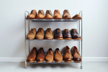 Organized Display of Leather Dress Shoes on Metal Shoe Rack Against Wall