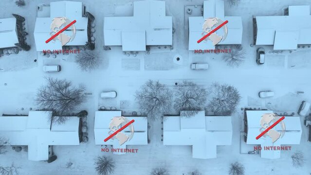 Top-down view of snow-covered houses with NO INTERNET signs and red slashes over a globe icon. Power and internet outage in American neighborhood after blizzard. Aerial with animation.