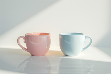 Two Pastel-Colored Mugs in Soft Pink and Blue Tones with Gentle Light and Shadow Play