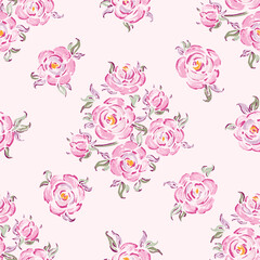 Seamless Vector Pattern of Pink Roses. Rose Flower. Flowers and Leaves. Vintage Floral Background.