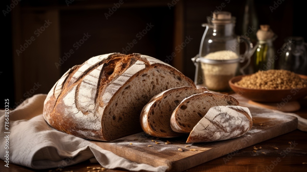 Poster generative ai crusty whole grain artisan bread, depicting the art of baking with detailed scoring an