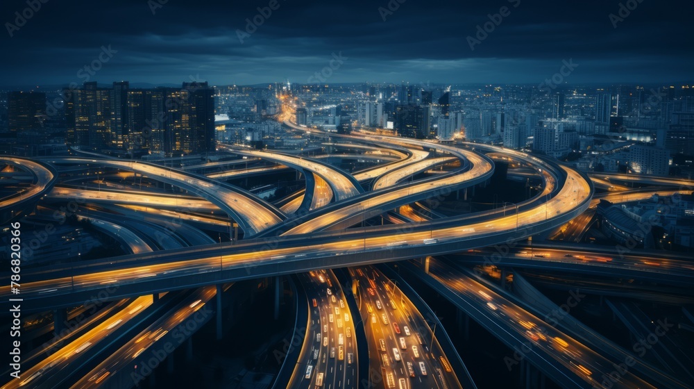 Poster Generative AI A panoramic view of a large highway junction at night, capturing the glow of city lights and traffic streams.