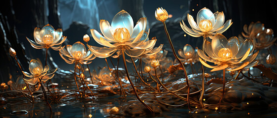 a many flowers that are in the water with lights
