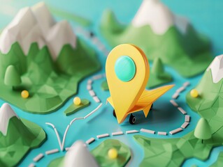 Embark on a journey with our map search and delivery banner template, showcasing a 3D rendered map marker icon, paper plane, and dashed line depicting the route - obrazy, fototapety, plakaty