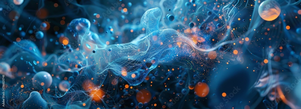 Poster A vibrant blue and orange background filled with numerous bubbles of various sizes. The bubbles are floating and creating a lively and dynamic visual effect.