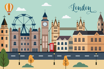 London skyline concept flat vector illustration,Travel to London concept with skyline and famous buildings landmark