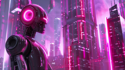 Fototapeta premium A robot stands in a cyberpunk city. The city is full of tall buildings and neon lights. The robot is looking at the city.