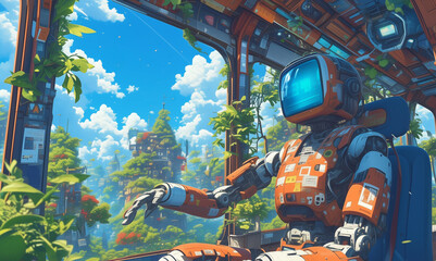 robot sitting in a train looking out at a lush overgrown city