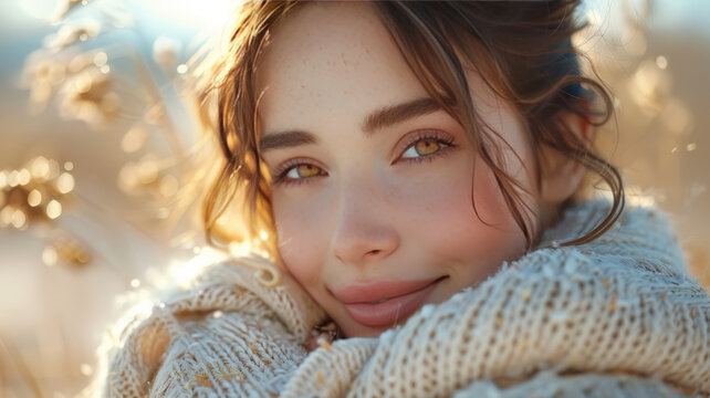 a 30 years old beautiful girl hugging herself and smiling on a bright background,generative ai